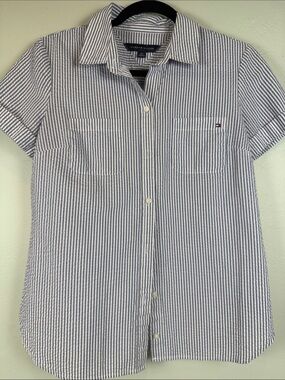 Tommy Hilfiger Blue Striped Camp Shirt - Size S EUC